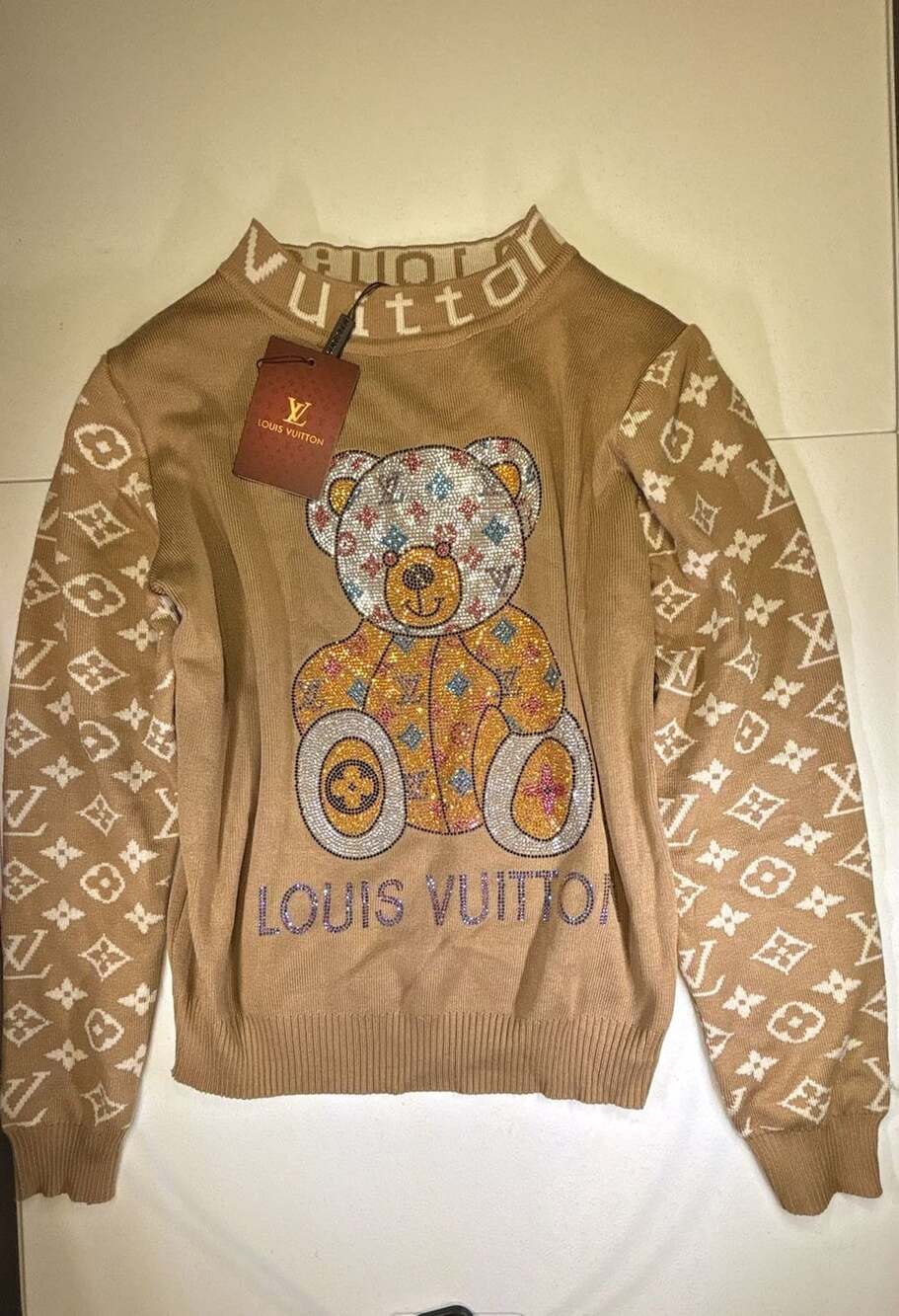 Louis Vuitton Bear Rhinestone Monogram Knit Sweater Brown